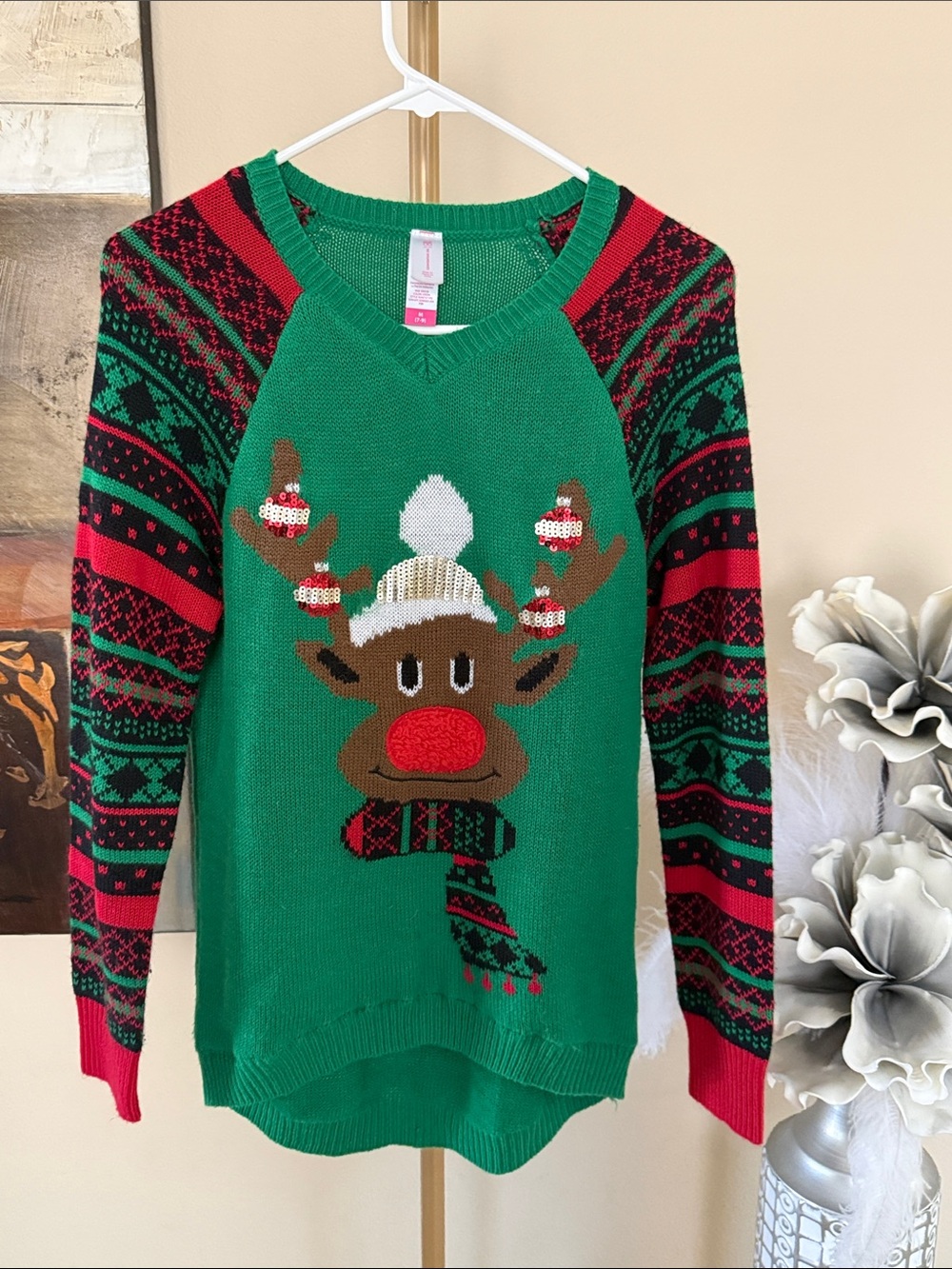 No Boundaries Green Christmas Reindeer Sweater with Red & Black Accents